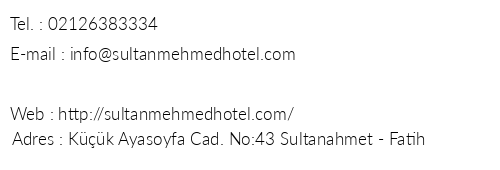 Sultan Mehmed Hotel telefon numaralar, faks, e-mail, posta adresi ve iletiim bilgileri